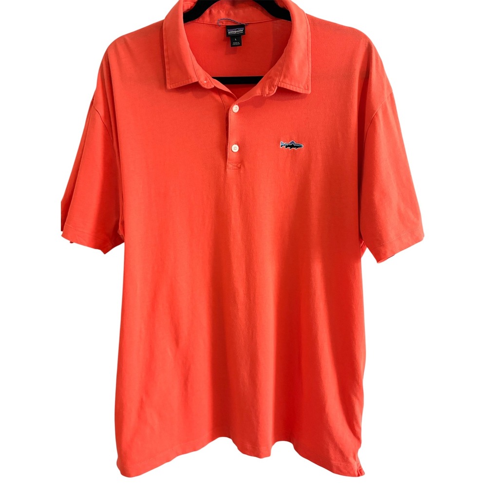 Patagonia Polo Shirt Mens Large Orange Excellent Trout Logo Organic Cotton 52206